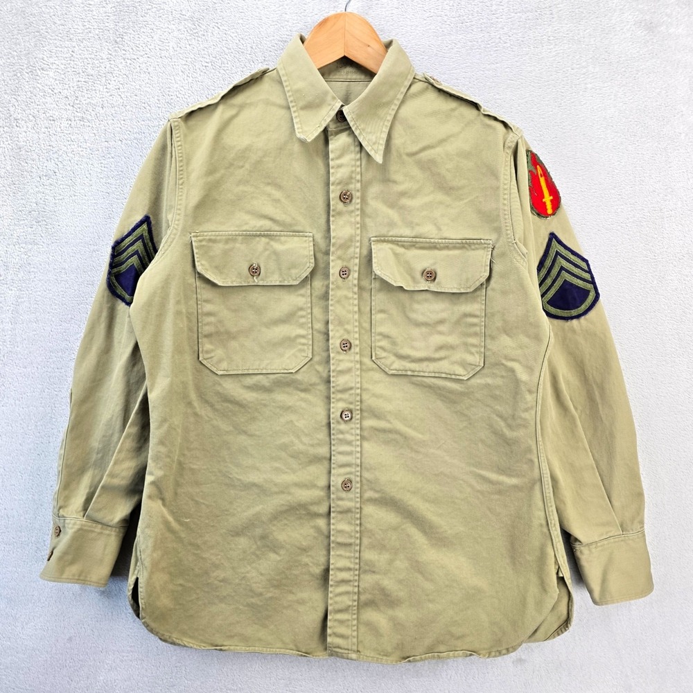 Vintage US Army Shirt Mens Medium Khaki 1951 Military Uniform Epaulet WWII 50s